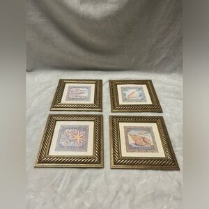 4 small brown picture frames sea seashell prints set